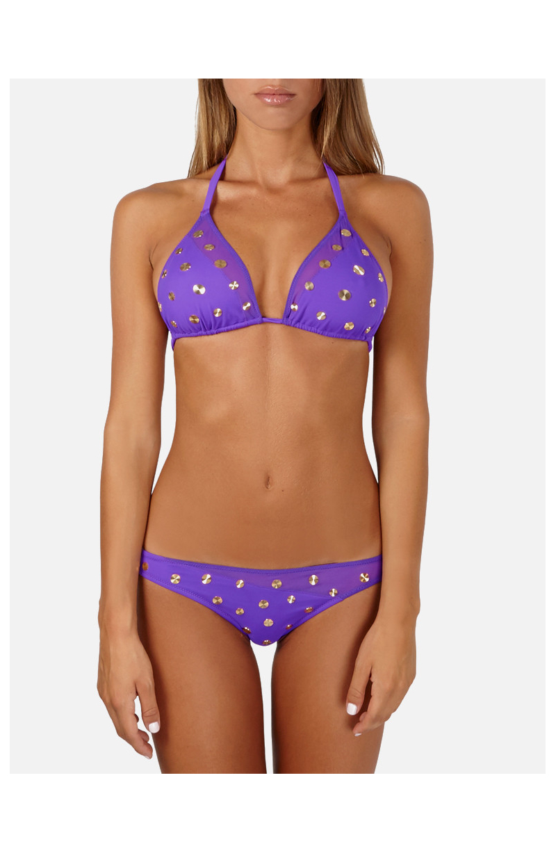 Solid Color Bikini With Studs Over Lycra And Micro Tulle Patches