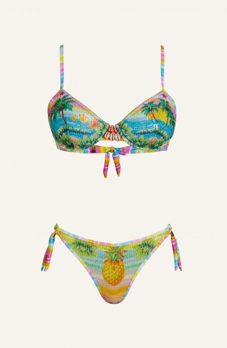 Balconette Bikini With Underwire Underwire Brazilian Sequin Briefs Hawaii Print Pin-Up Stars - 1