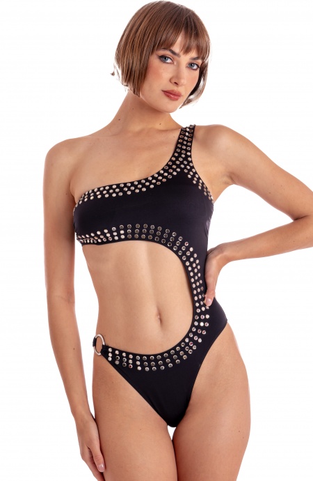 COSTUME DA BAGNO INTERO IMBOTTITO MONOSPALLA CON STRASS SPECCHIETTI Pin-Up Stars - 3