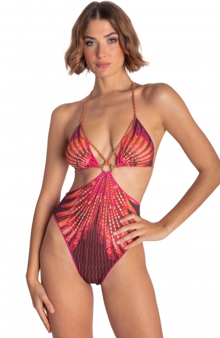 Pin Up Stars COSTUME DA BAGNO INTERO CUT-OUT CON BORCHIE STAMPA WINGS